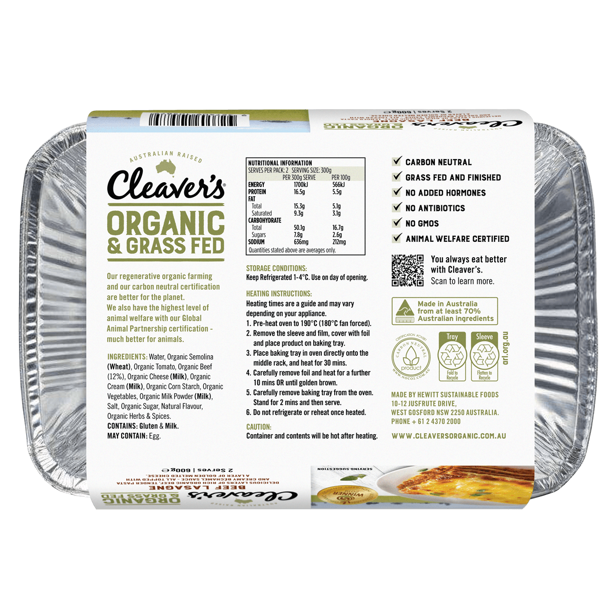 Organic Beef Lasagne Cleaver's Organic